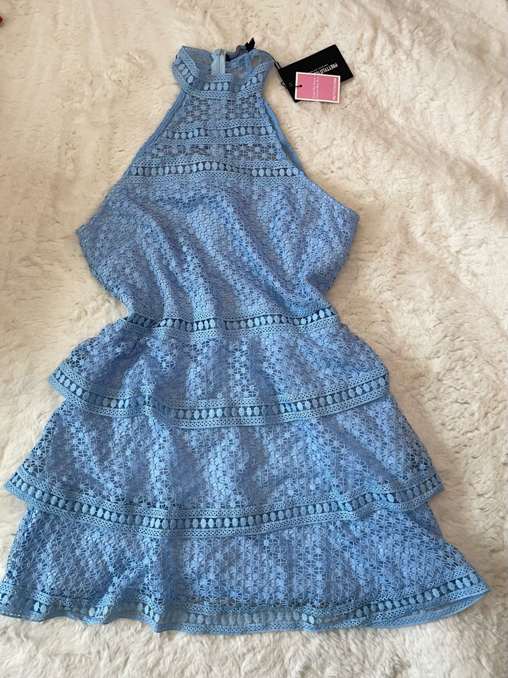 PrettyLittleThing Blue Lace Halter Tiered Dress